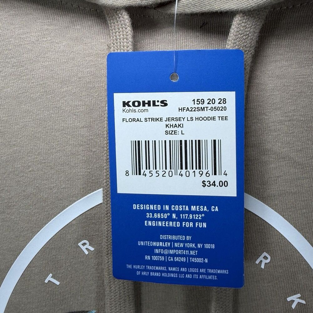 Hurley Lightweight T Shirt Hoodie Mens Size Large Beige Tan Floral Pullover NWT - Picture 7 of 12